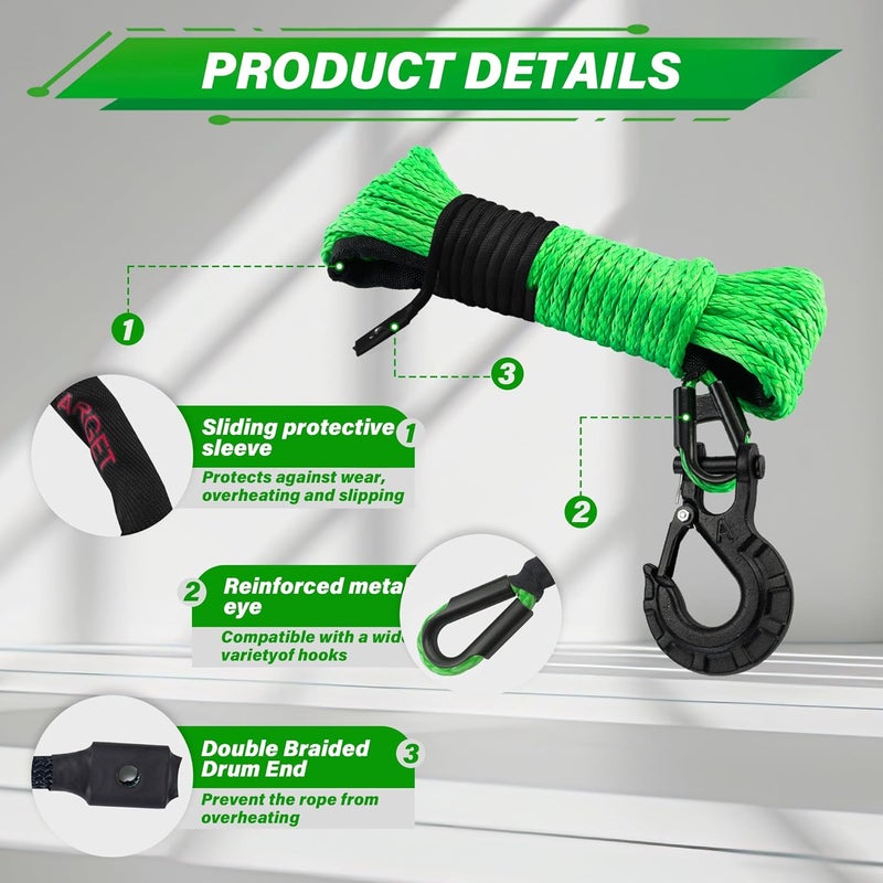 TYT Synthetic Winch Rope Kit - 1/4'' x 50' with 10000 lbs Strength, Protective Sleeve, Heavy Duty Hook, Rubber Stopper, & Safety Pull Strap for Off-Road 4x4 Vehicles (Green) (JPS1450OG) - Image 3